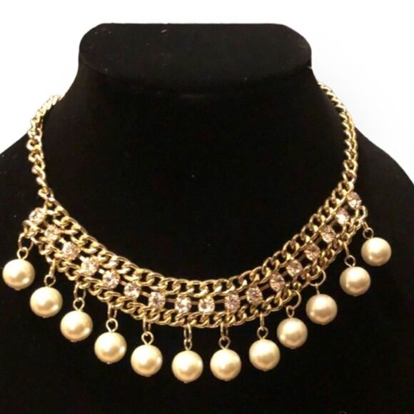 Vintage Shiny Collar Necklace with Dangling Faux Pearls - Picture 1 of 5